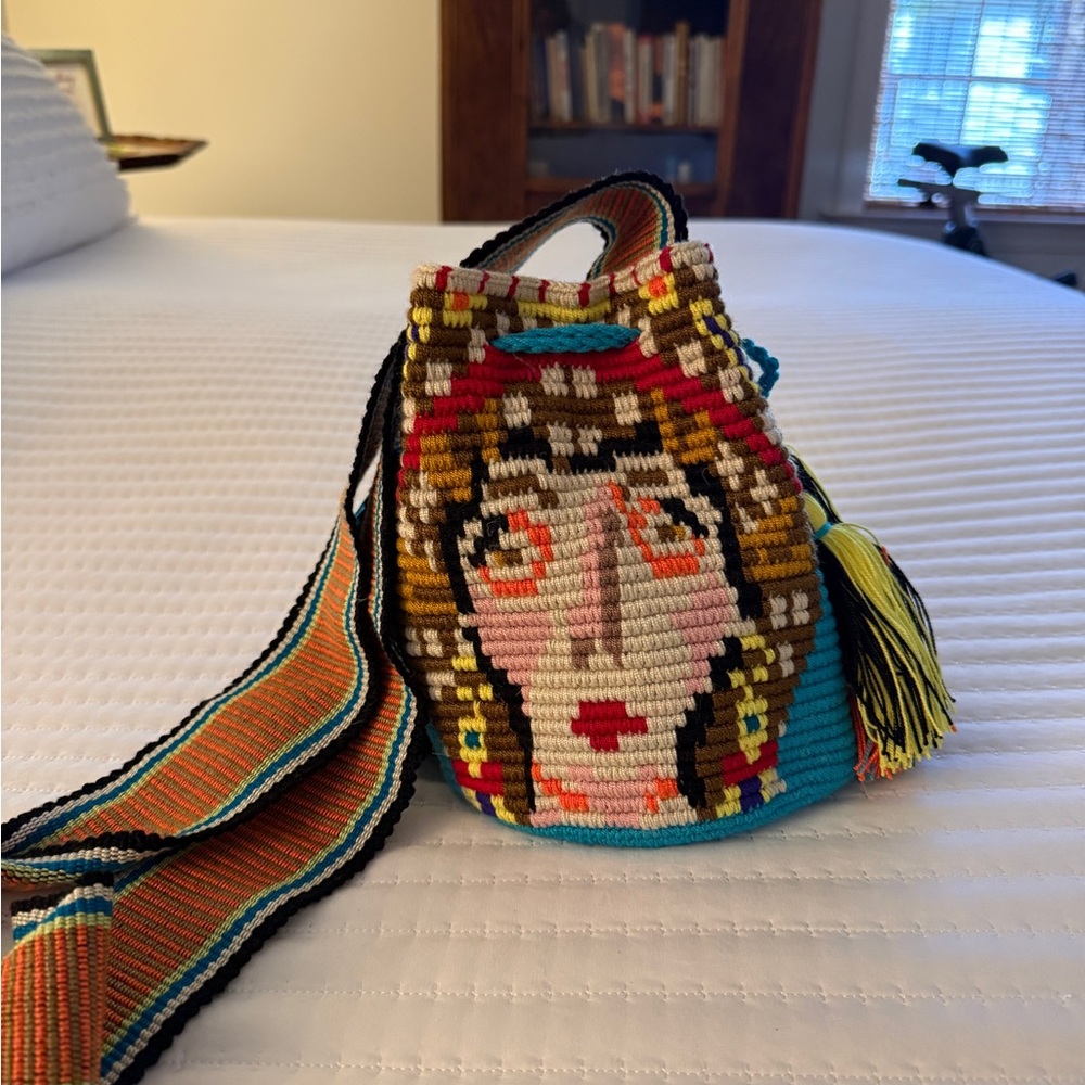 Handwoven Turquoise Multicolor Crossbody Bag with Portrait Motif -New